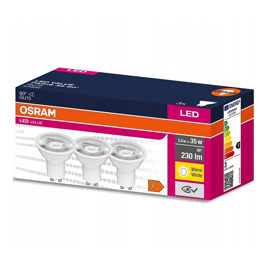 Lot De 5 Ampoules LED Osram GU10 2.6W - Équivalent 35W, 2700K, 230 Lumens
