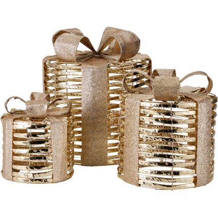 3er-Set LED-Weihnachtsdekorationen 20xLED/2xAA + 30xLED/3xAA + 40xLED/3xAA warmweiß Geschenke/goldfarben