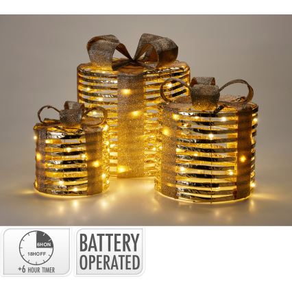 3er-Set LED-Weihnachtsdekorationen 20xLED/2xAA + 30xLED/3xAA + 40xLED/3xAA warmweiß Geschenke/goldfarben