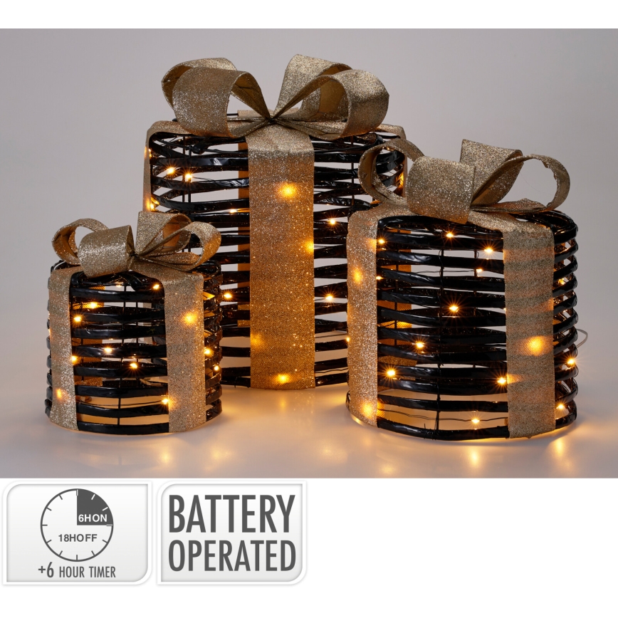 3er-Set LED-Weihnachtsdekoration 20xLED/2xAA + 30xLED/3xAA + 40xLED/3xAA warmweiß Geschenke/schwarz