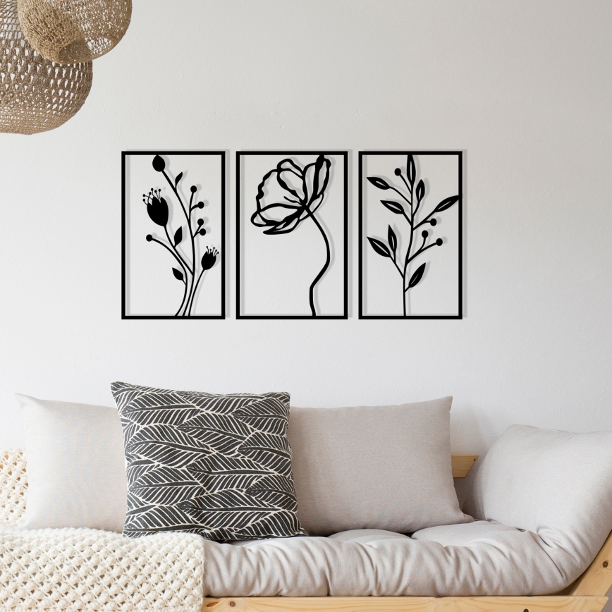 SET 3x Wanddekoration 78x39 cm Blumen Metall