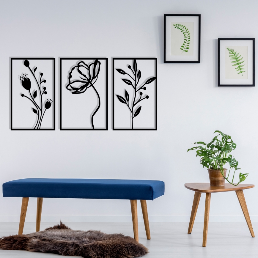 SET 3x Wanddekoration 78x39 cm Blumen Metall