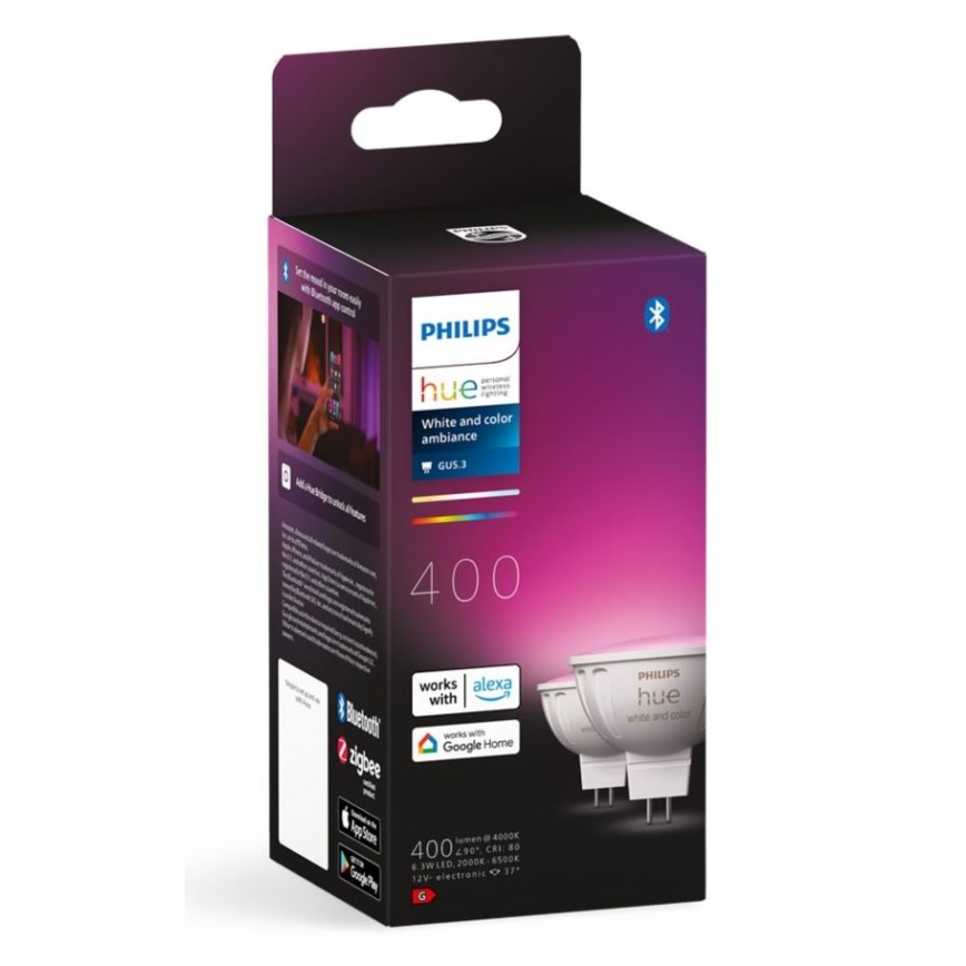 4er-Set dimmbares LED-RGBW-Leuchtmittel Philips Hue WHITE AND COLOR AMBIANCE GU5,3/MR16/6,3W/12V 2000-6500K