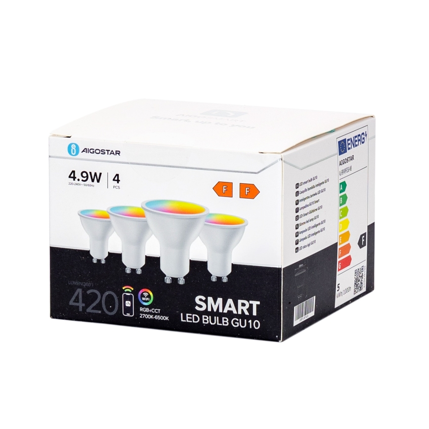 4er-Set Smart-dimmbare RGBW-LED-Leuchtmittel GU10/4,9W/230V 2700-6500K - Aigostar