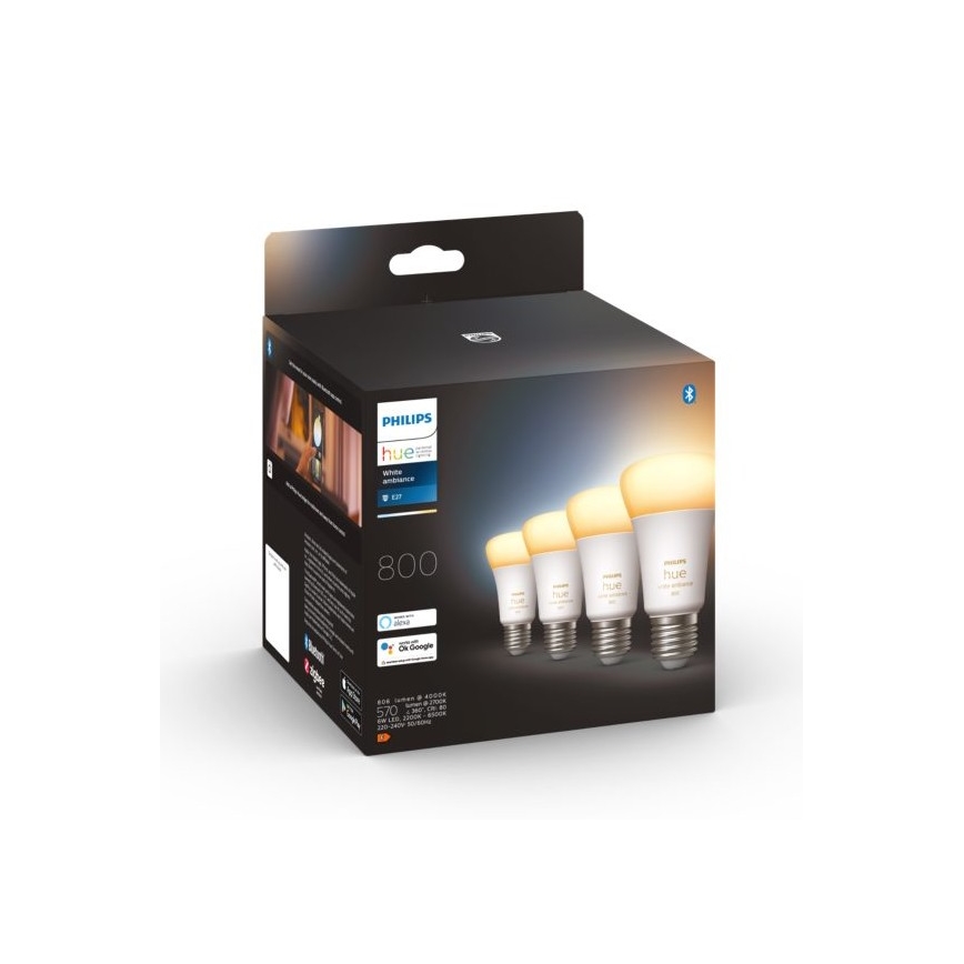 SET 4xLED Dimmbare Glühbirne Philips Hue WHITE AMBIANCE E27/6W/230V 2200-6500K