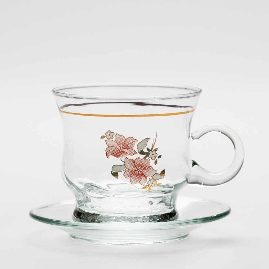 Set aus 6 klaren Gläsern mit Untertassen, Blumenstrauß Nr. 4