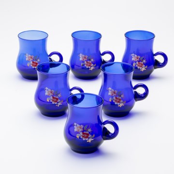 SET 6x Glastasse mit blauem Aufdruck- Blumenmuster Nr. 4