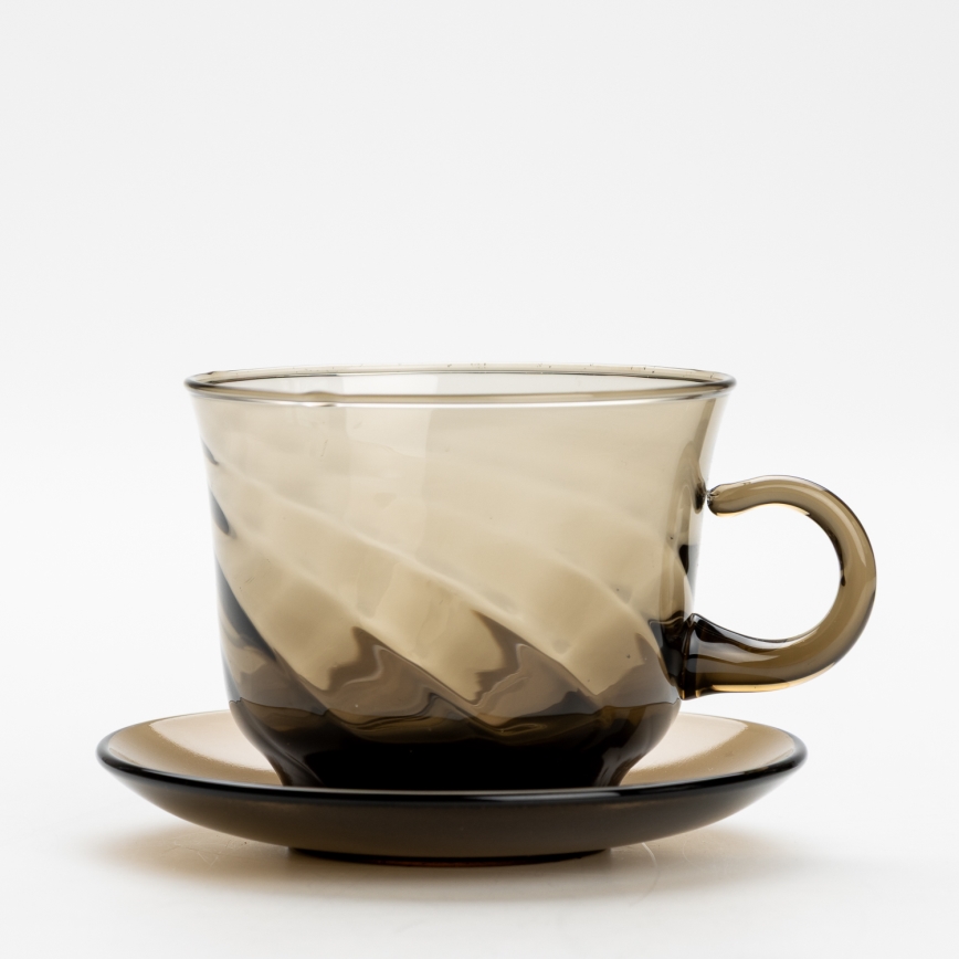 Set aus 6 Glastassen mit Untertassen und 1 Rauchglas-Zuckerdose