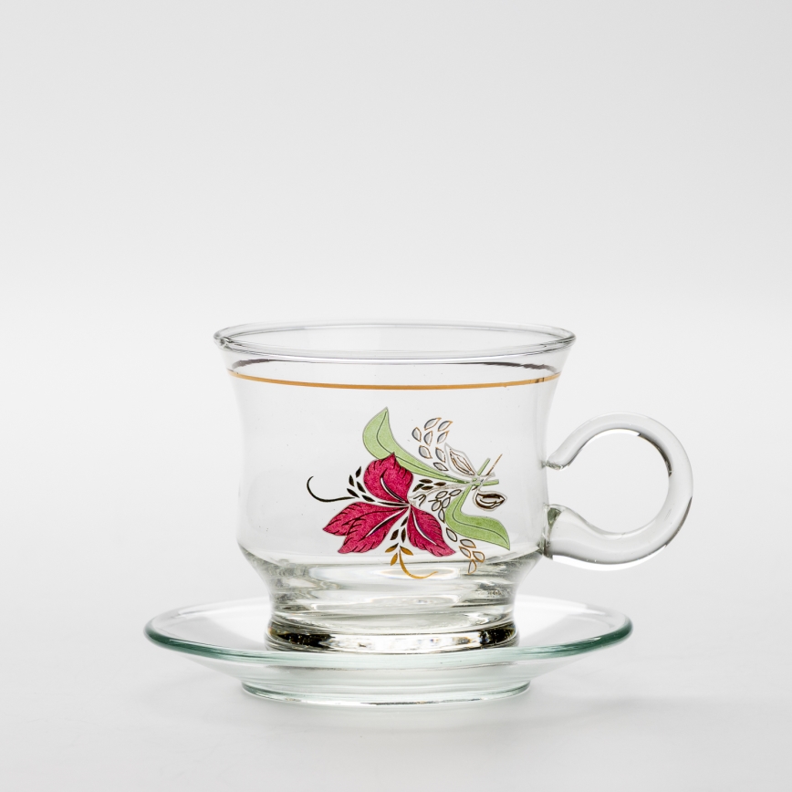 Set 6x Glastasse mit Untertasse klar Blumenstrauß Nr. 9