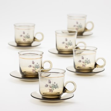 Set 6x Glastasse mit Untertasse rauchig Blumenstrauß Nr. 4