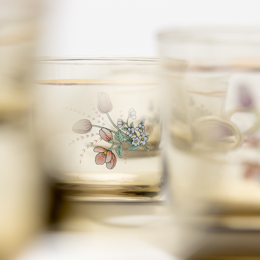 Set 6x Glastasse mit Untertasse rauchig Blumenstrauß Nr. 4