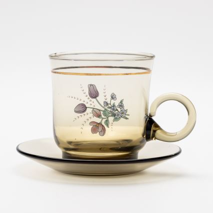 Set 6x Glastasse mit Untertasse rauchig Blumenstrauß Nr. 4