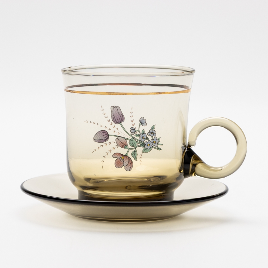 Set 6x Glastasse mit Untertasse rauchig Blumenstrauß Nr. 4