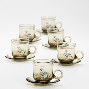 Set 6x Glastasse mit Untertasse rauchig Blumenstrauß Nr. 5