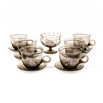 Set 6x Glastasse mit Untertasse und 1x Zuckerdose
