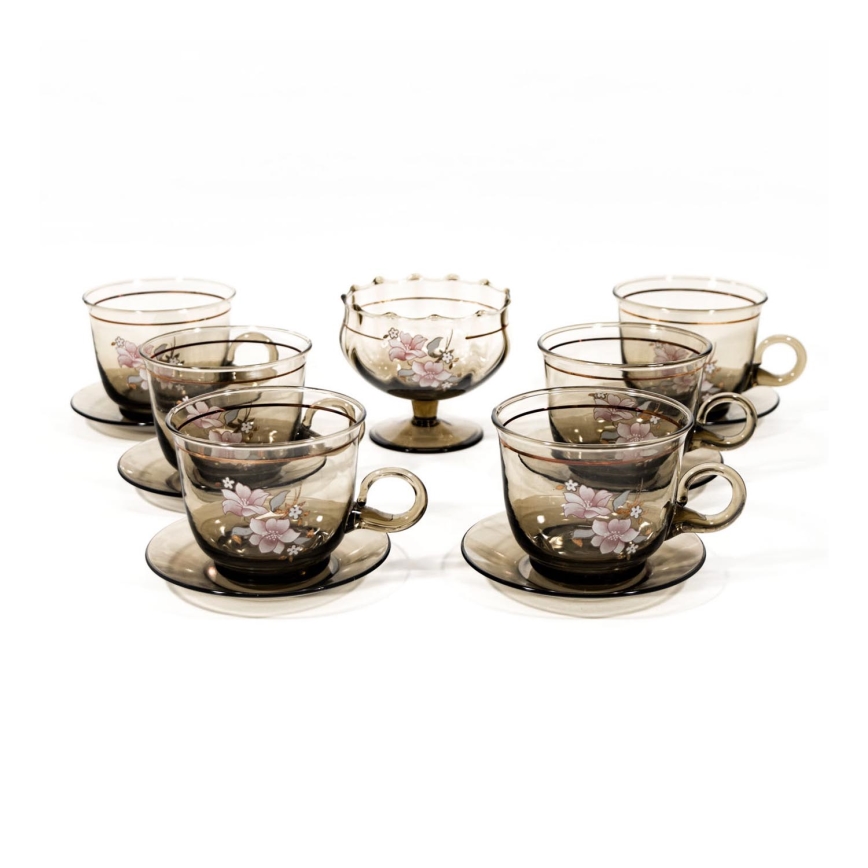 Set 6x Glastasse mit Untertasse und 1x Zuckerdose