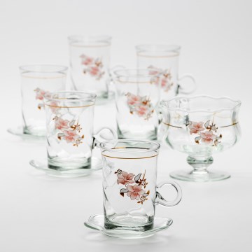 Set 6x Glastasse mit Untertasse und 1x Zuckerdose klar Blumenstrauß Nr. 2