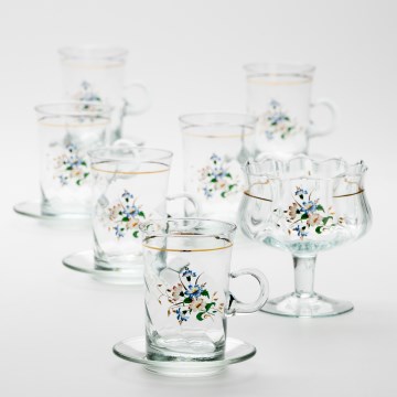 Set 6x Glastasse mit Untertasse und 1x Zuckerdose klar Blumenstrauß Nr. 3