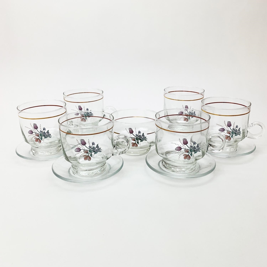 Set 6x Glastasse mit Untertasse und 1x Zuckerdose klar