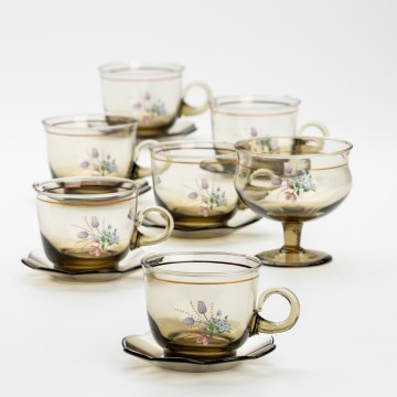 Set 6x Glastasse mit Untertasse und 1x Zuckerdose rauchig Blumenstrauß Nr. 2