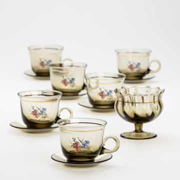 Set 6x Glastasse mit Untertasse und 1x Zuckerdose rauchig Blumenstrauß Nr. 3