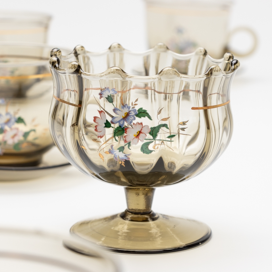 Set 6x Glastasse mit Untertasse und 1x Zuckerdose rauchig Blumenstrauß Nr. 4