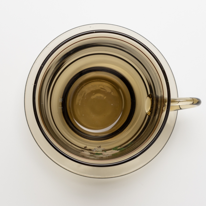Set 6x Glastasse mit Untertasse und 1x Zuckerdose rauchig Blumenstrauß Nr. 4
