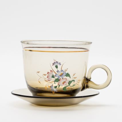 Set 6x Glastasse mit Untertasse und 1x Zuckerdose rauchig Blumenstrauß Nr. 4