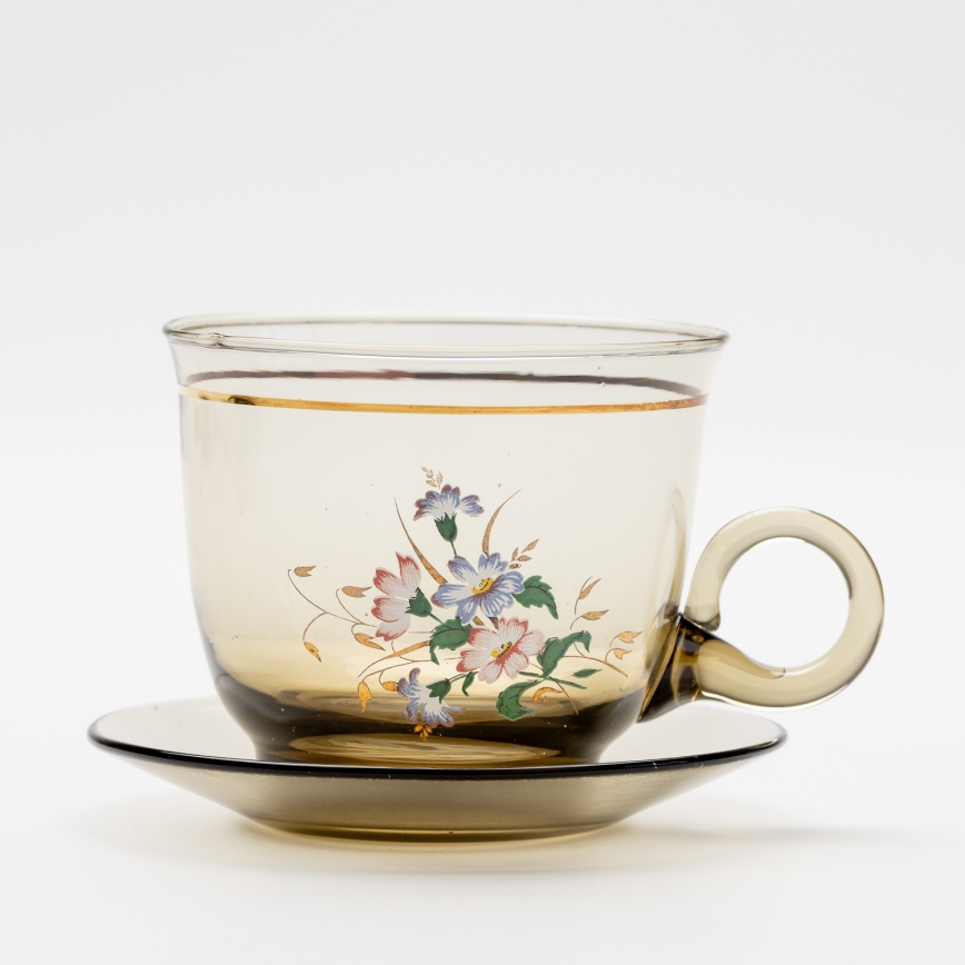 Set 6x Glastasse mit Untertasse und 1x Zuckerdose rauchig Blumenstrauß Nr. 4