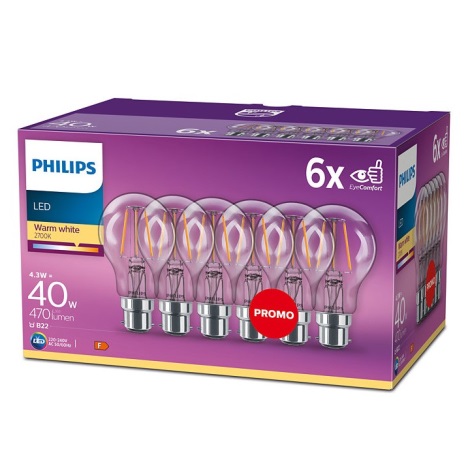 SET 6x LED-Glühbirne Philips A60 B22/4,3W/230V 2700K