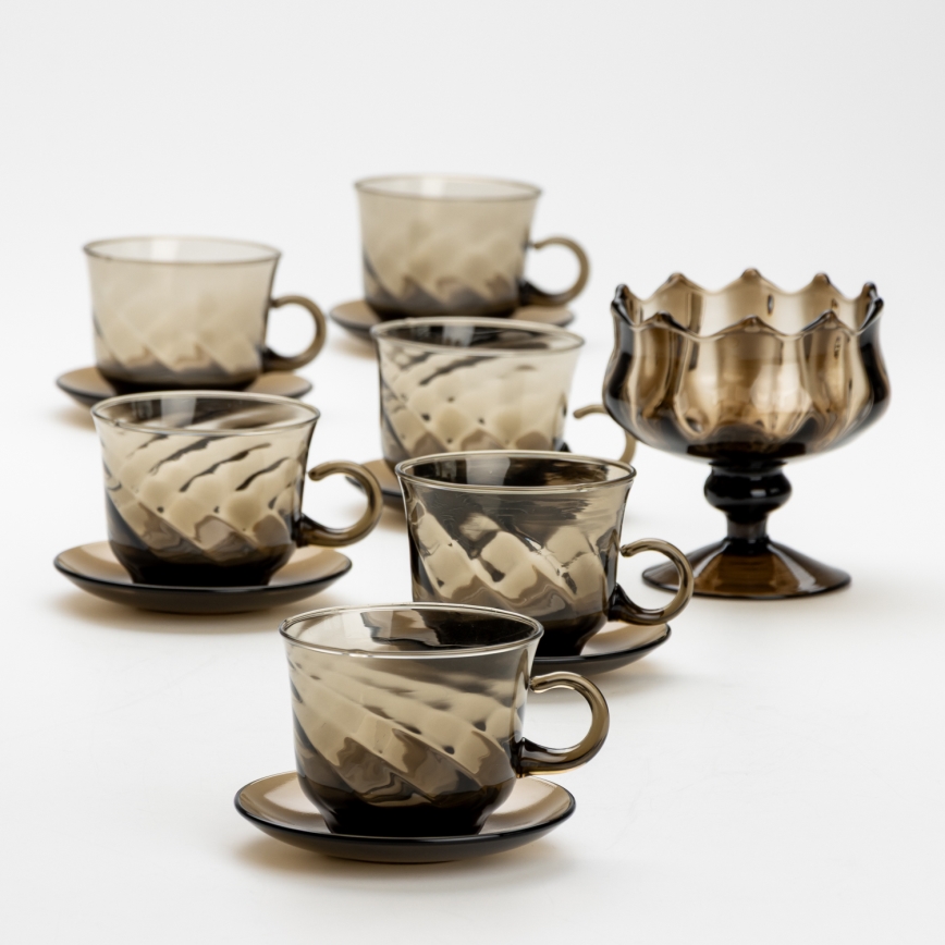 Set aus 6 Glastassen mit Untertassen und 1 Rauchglas-Zuckerdose