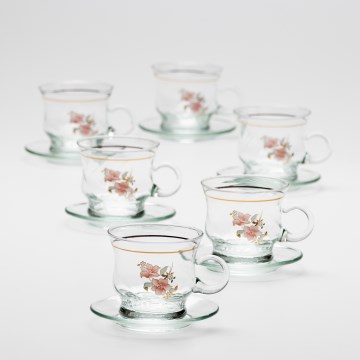 Set aus 6 klaren Gläsern mit Untertassen, Blumenstrauß Nr. 4