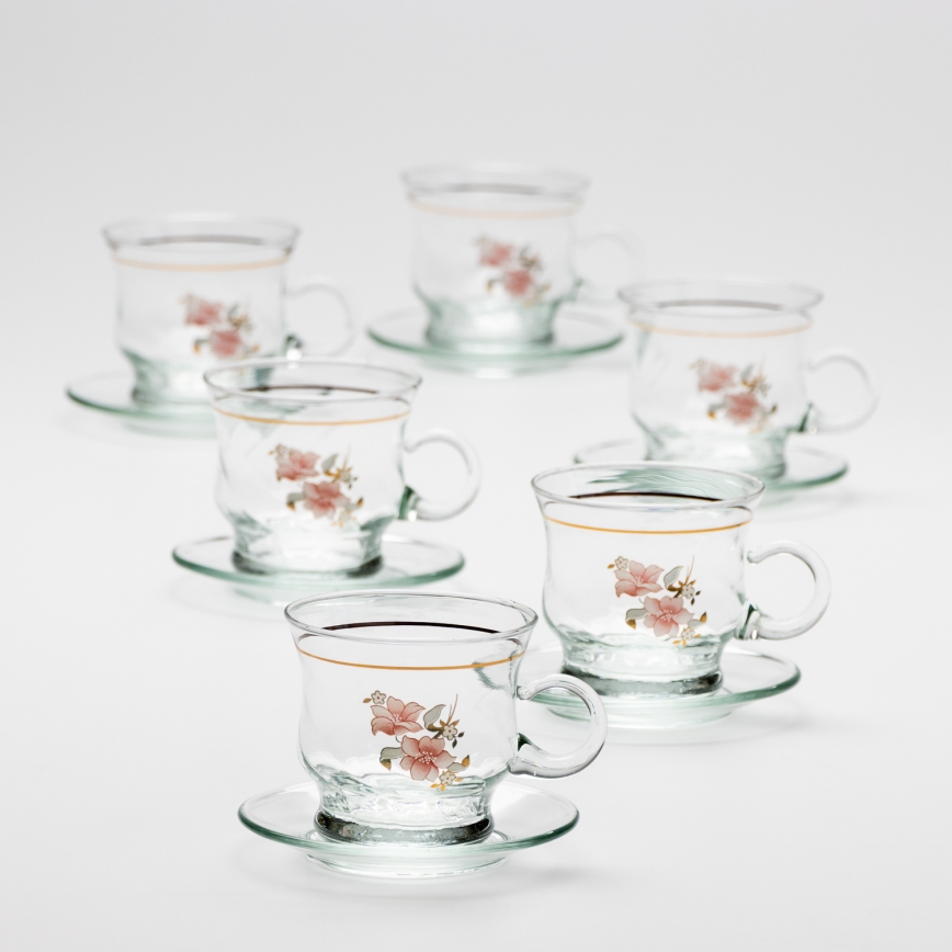 Set aus 6 klaren Gläsern mit Untertassen, Blumenstrauß Nr. 4