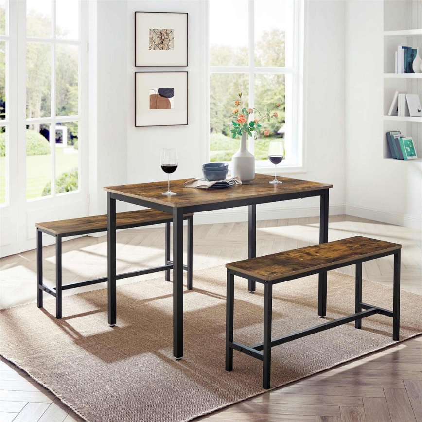 SET Bartisch 110x70 cm + 2x Sitzbänke 97x30 cm TREVOR braun/schwarz