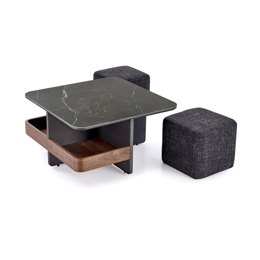 SET Couchtisch KORO 70x70 cm + 2x Hocker schwarz/braun