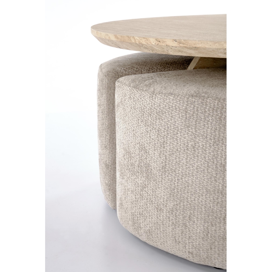 Set Couchtisch NUGAT Ø 80 cm + 4x Hocker Travertin/grau