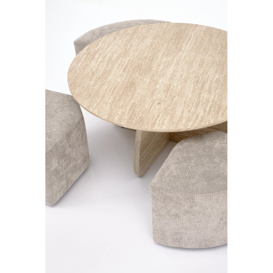 Set Couchtisch NUGAT Ø 80 cm + 4x Hocker Travertin/grau