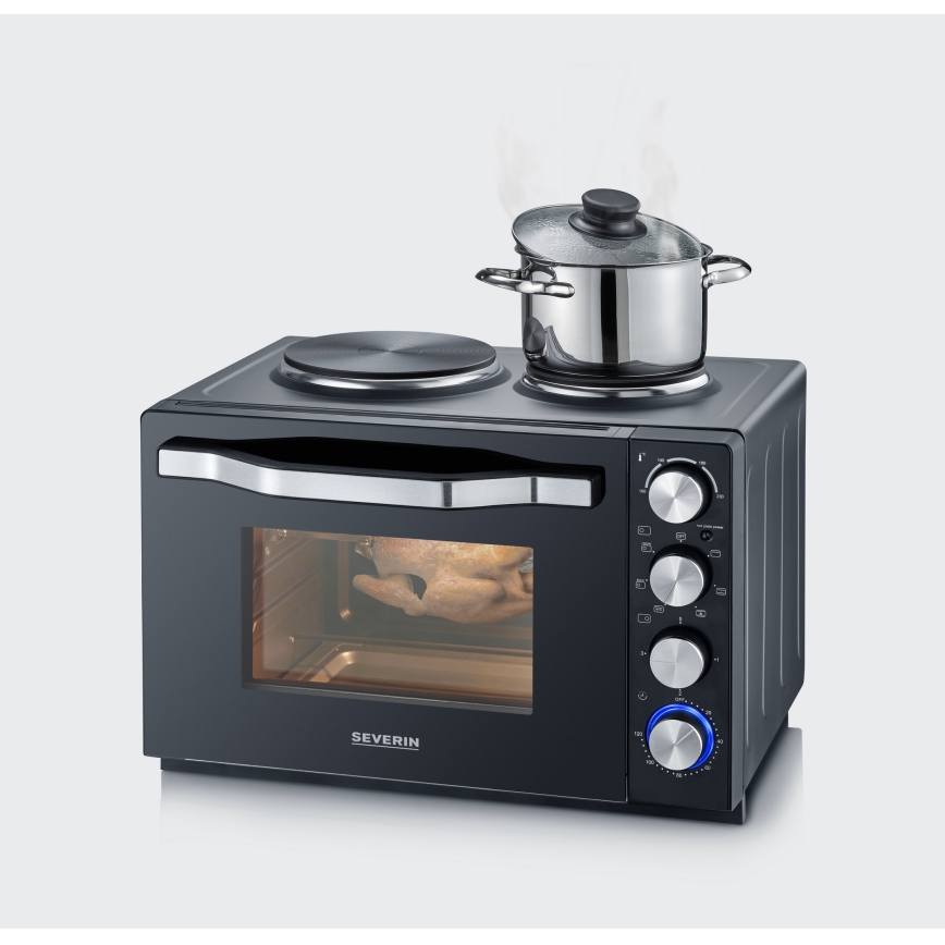 Severin TO 2074 - Heißluftofen mit Grillfunktion und Kochplatten, 2500 W/230 V, 30 l, schwarz