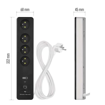 Smart-Verlängerungskabel mit Schalter GoSmart 4Z + 1xUSB-A + 1xUSB-C 2 m Wi-Fi Tuya