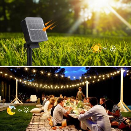 Solarbetriebene LED-Dekor-Lichterkette 20 LEDs / 8 Funktionen 500 mAh 7,6 m IP67 warmweiß