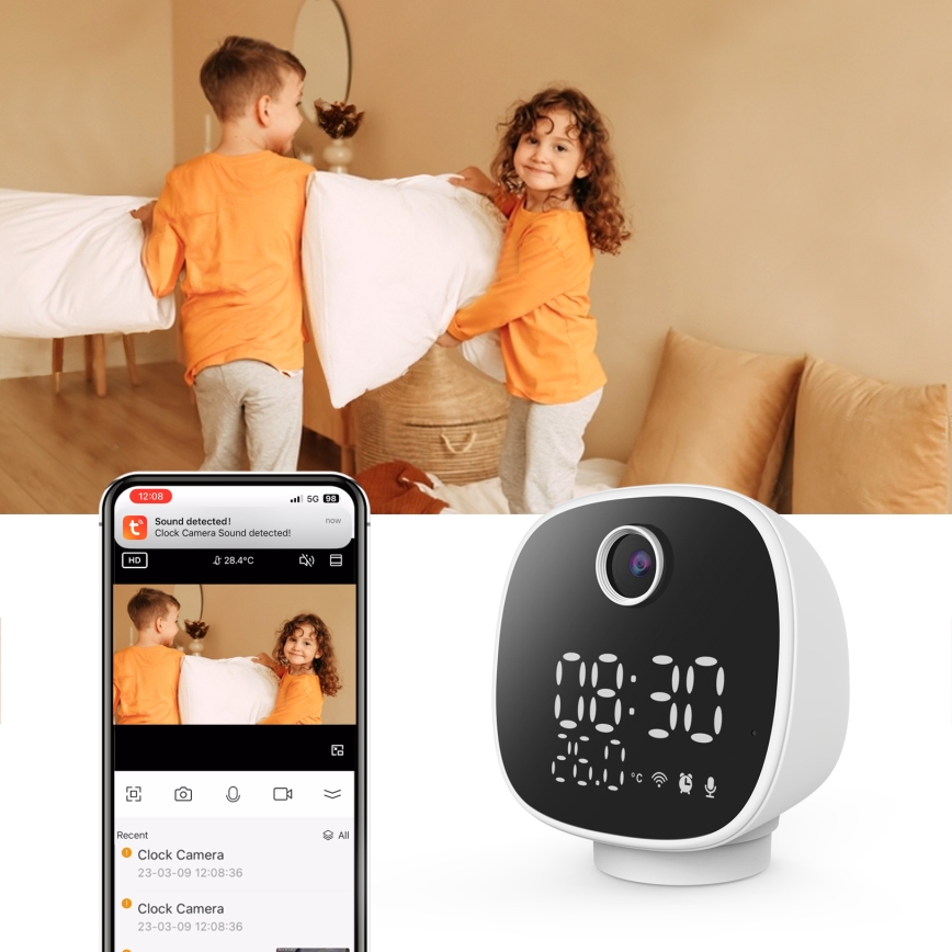 Smart-Kamera mit alarm clock, thermometer und LED-Leuchte 1296p 3Mpx 5V Wi-Fi Tuya IP65