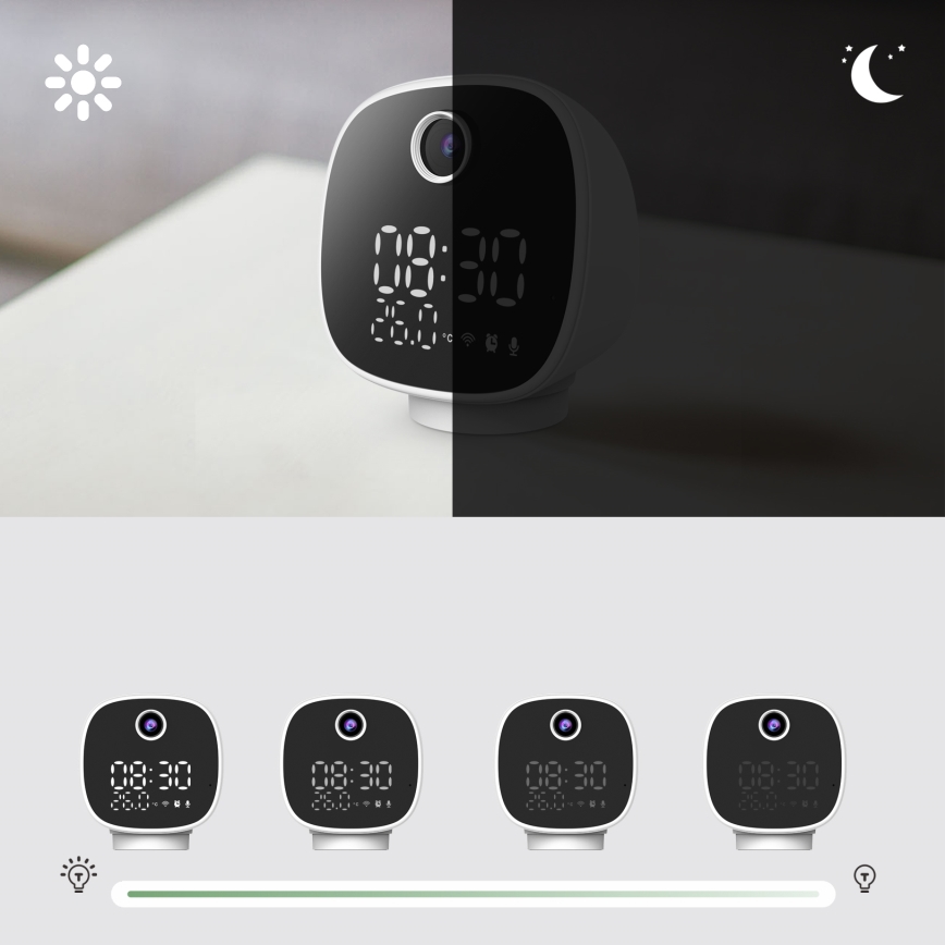 Smart-Kamera mit alarm clock, thermometer und LED-Leuchte 1296p 3Mpx 5V Wi-Fi Tuya IP65