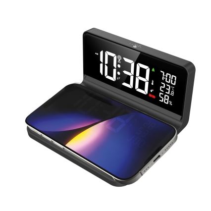 LED-Wecker mit LCD-Display und kabellosem Qi-Ladegerät LED/10W/230V
