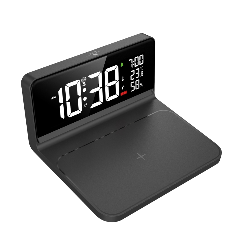 LED-Wecker mit LCD-Display und kabellosem Qi-Ladegerät LED/10W/230V