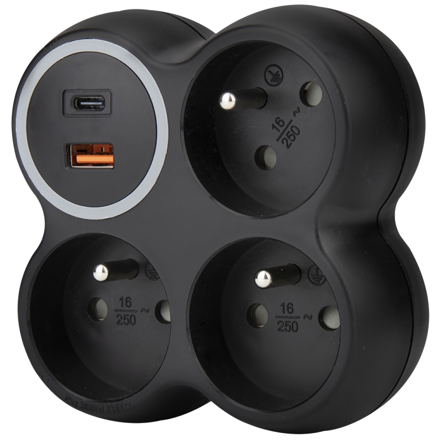 Steckdosenleiste 3×15 A mit USB-A- und USB-C-Anschlüssen, schwarz