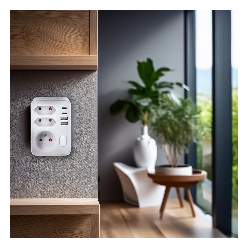 Steckdosenverteiler 1x16A+2x 2,5A mit 2xUSB A+C Ladegerät weiß