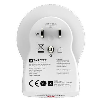 Reiseadapter für die USA 230V + 2x USB-Anschluss