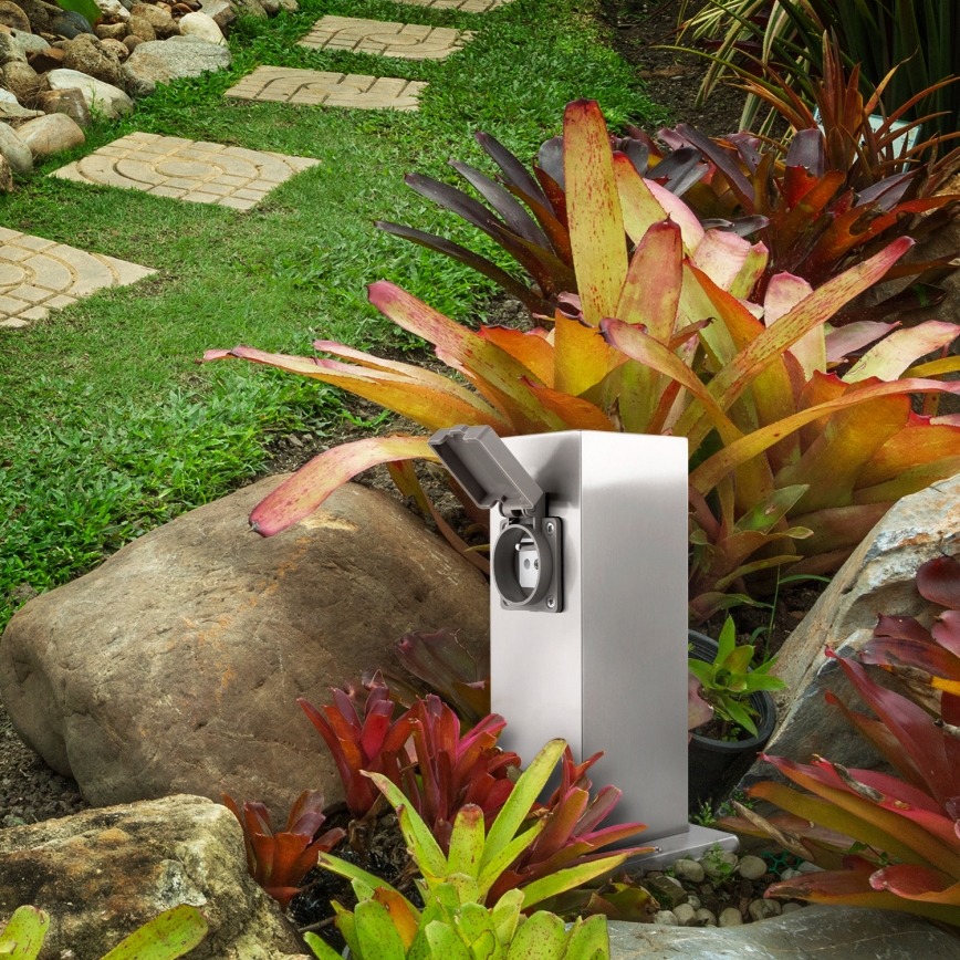 Outdoor-Steckdosensäule 2Z 230V IP44 mattes Chrom eckig