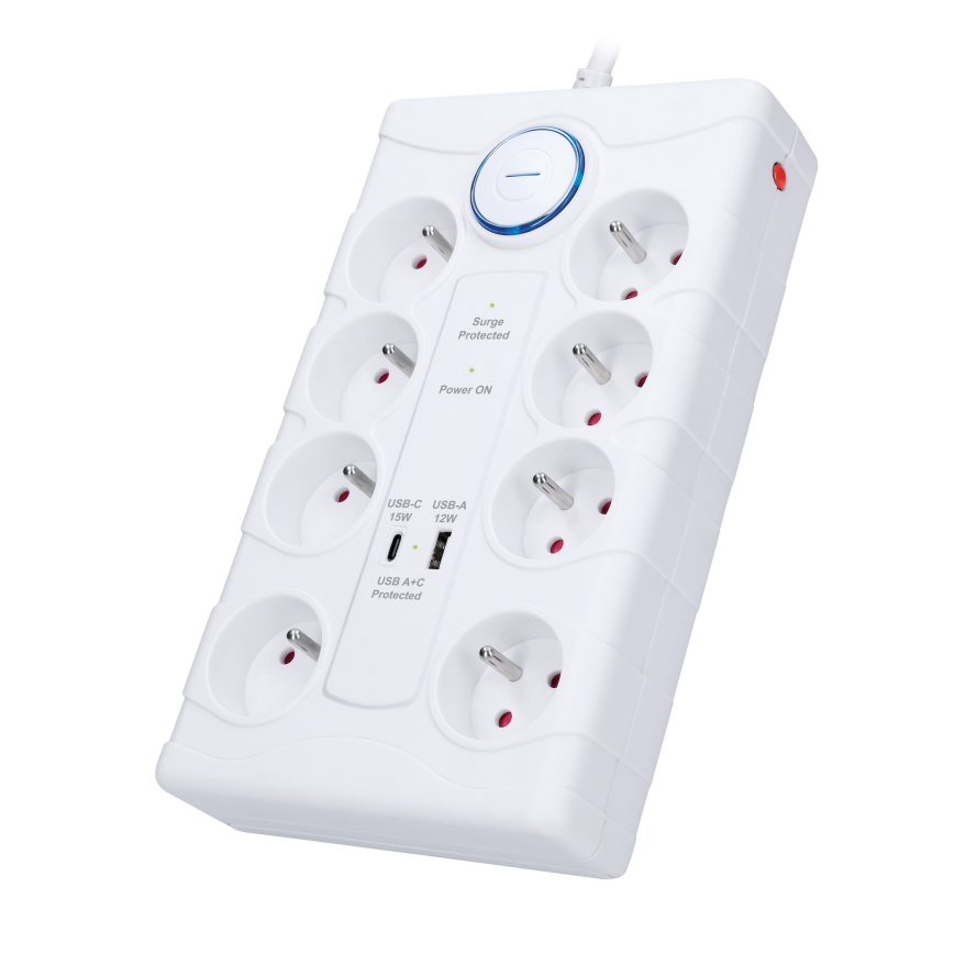 Verlängerungskabel mit Schalter und Überspannungsschutz, 8-fach, Typ E + 1x USB-A + 1x USB-C, 2 m, weiß