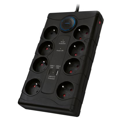 Steckdosenleiste mit Schalter, 8-fach, Typ E, 1x USB-A + 1x USB-C, 2 m, schwarz